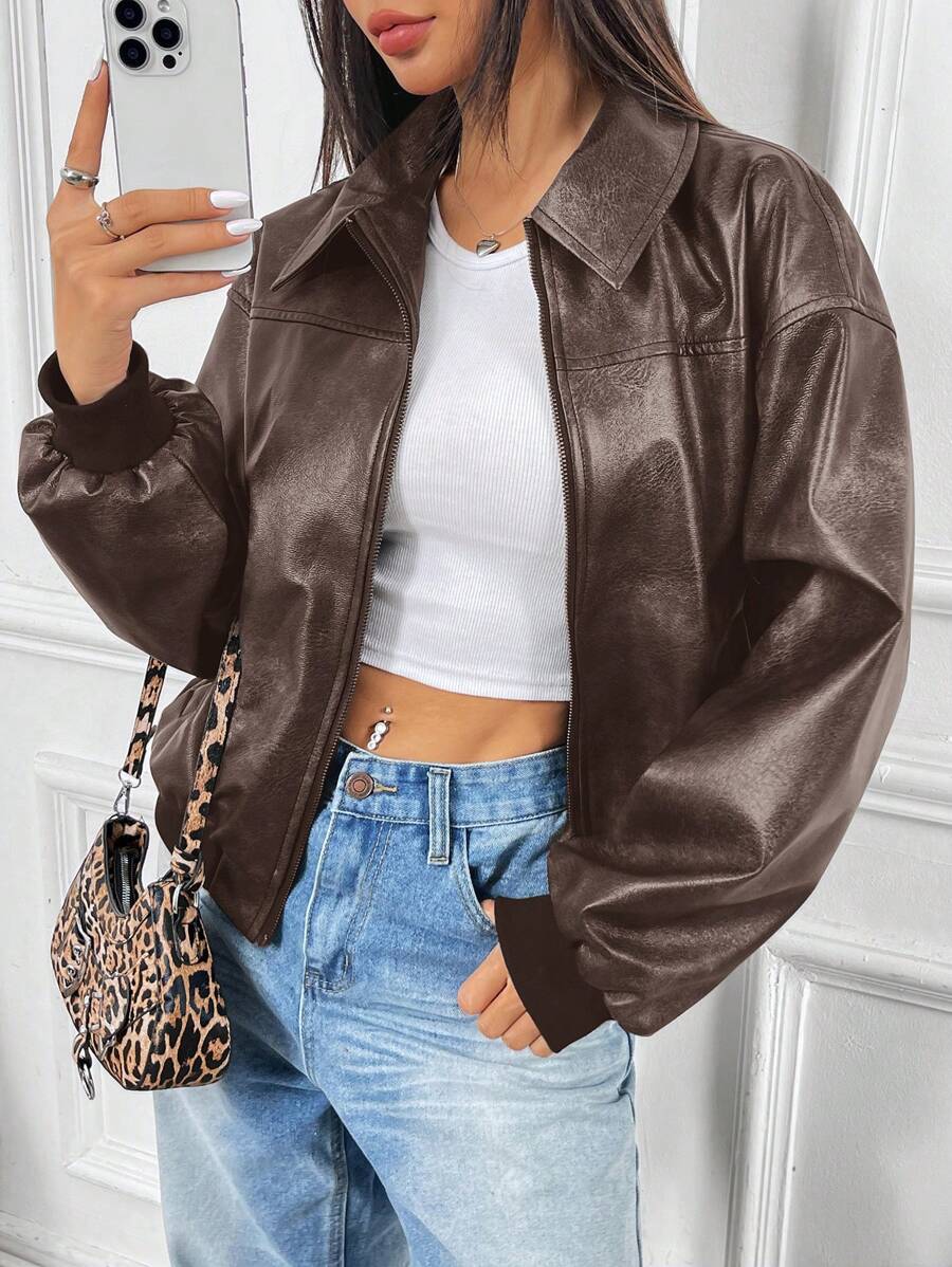 SHEIN EZwear Women's Fashionable New Distressed Leather Jacket, Autumn
