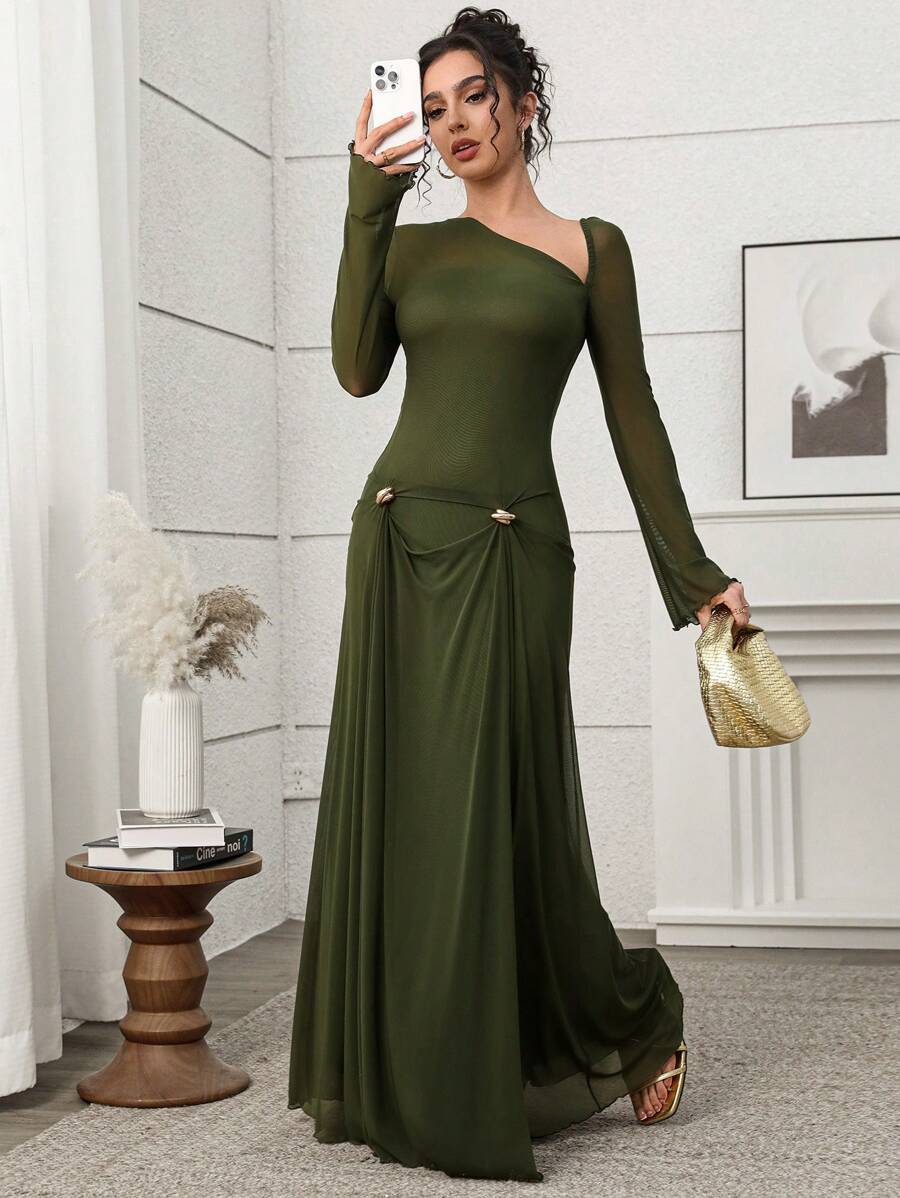 Modelyn V-Neck Ruched Waist Women Extra Long Dress, Urban Elegant Women Extra Long Dress,Summer Outfits For Women,Mesh Dress