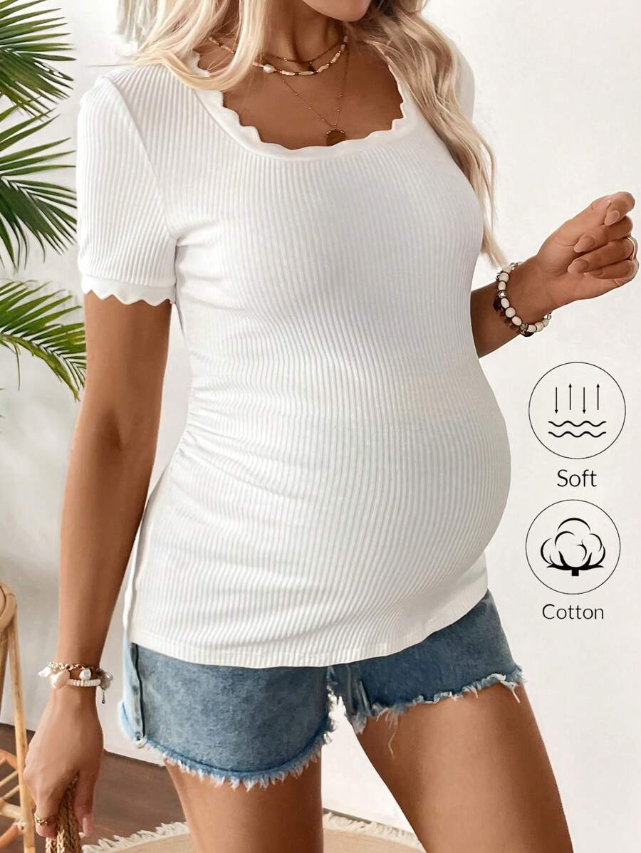 SHEIN T-shirt casual ajusté à manches courtes avec bordure en dentelle, pour femmes enceintes