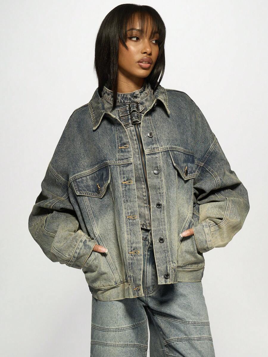 MISSGUIDED Chaqueta vaquera tipo camionero clásica, con estilo vintage, de corte holgado, construcción con pinzas, cierre con botones, para otoño e invierno, casual, de moda streetwear