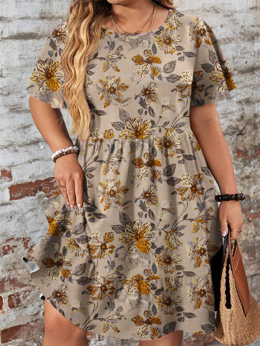 EMERY ROSE Casual & Eenvoudige Losse Ditsy Bloemen Ronde Hals Korte Mouw Plus Size Jurk, Geschikt Voor Herfst & Winter