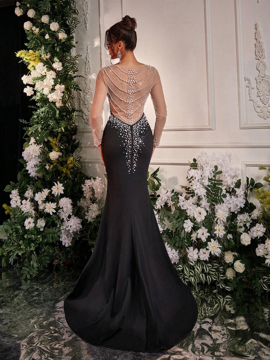 Glamrae Elegant Black V-Neck Long Sleeve Luxury 3D Rhinestone Handmade Beaded Sheer Mesh Backless Mermaid Tail Train Evening Gown,Party Dress,Formal,Wedding Guest