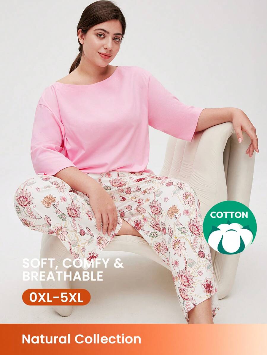 LUVLETTE Conjunto de ropa de dormir para mujer con top de cuello de barco de algodón suave color rosa y pantalones estampados con flores, pantalones con bolsillos. Ropa de salir como ropa interior y conjuntos de salón.