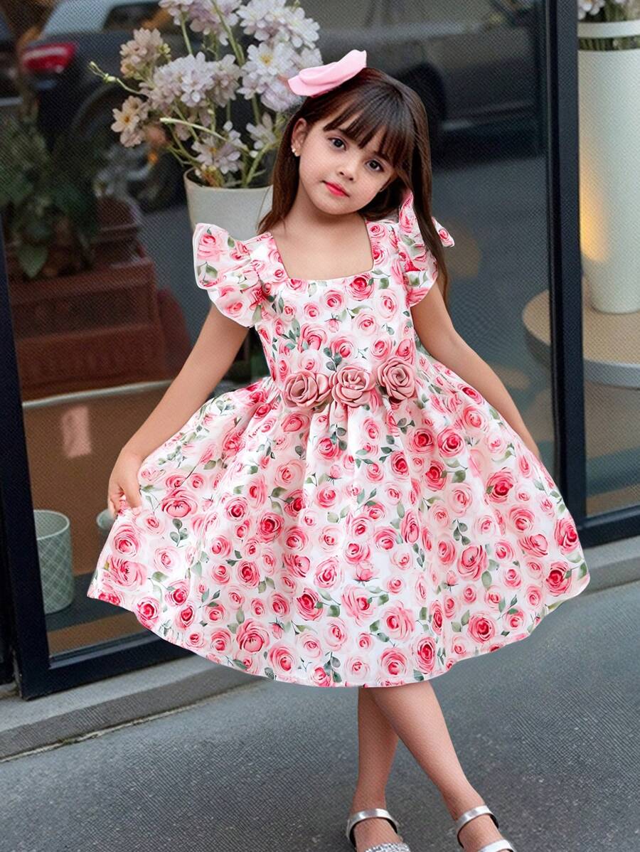 SHEIN Robe de jeune fille à manches volantées avec imprimé de fleurs Ditsy pour Pâques, Glow Young