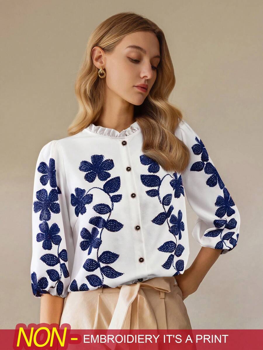 SHEIN Clasi Camicia donna a maniche lunghe con bottoni, con stampa floreale e rifiniture arricciate, adatta per vacanze