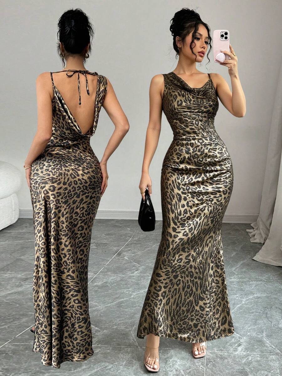 Calvaya Elegante abito lungo da donna con schiena aperta, stampa leopardata dorata, adatto per appuntamenti, feste e uso quotidiano, sexy