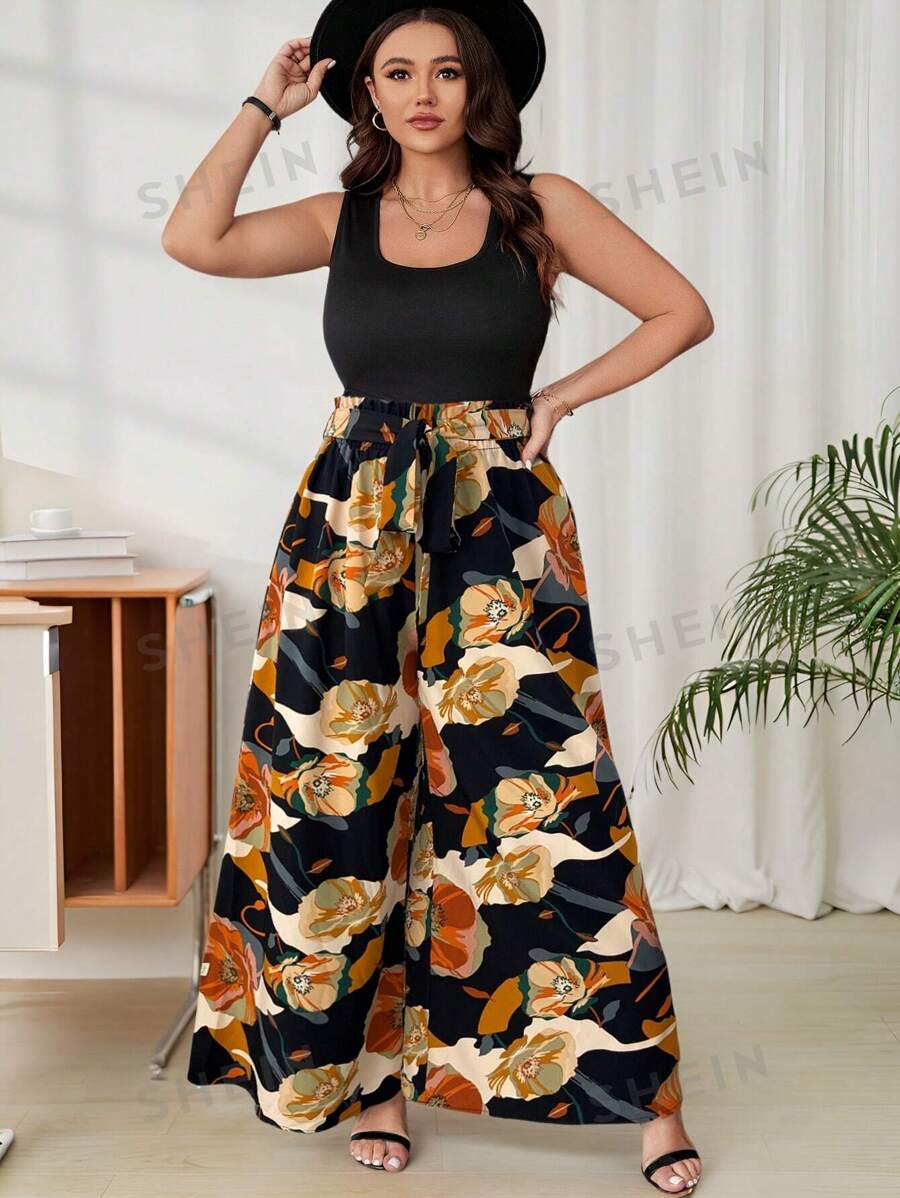 SHEIN Clasi Pantalones anchos de pierna ancha de unicolor con parches, de talla grande, sin mangas, de estilo casual simple, de estampado aleatorio para el verano