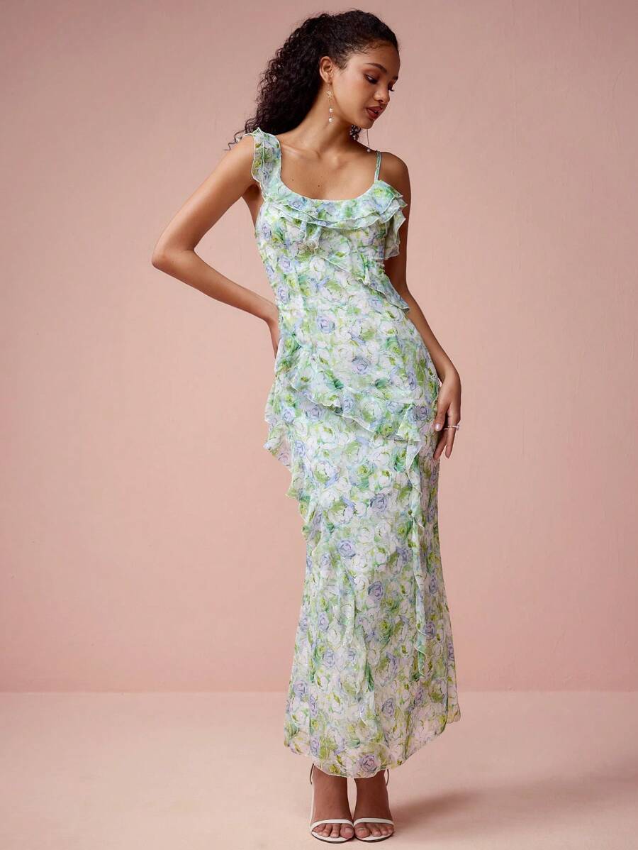 Enchnt Spring/Summer Romantic Women's Green Floral Print Ruffle Suspender Mermaid Maxi Dress,Sweet&Elegant For Birthday&Holiday Party&Wedding Season&Sweet Date &Prom&Garden Parties&Vacation
