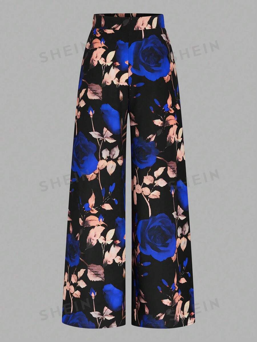 SHEIN Clasi Pantalones casuales de cintura alta con estampado floral, estilo minimalista para uso diario, San Valentín, tallas grandes
