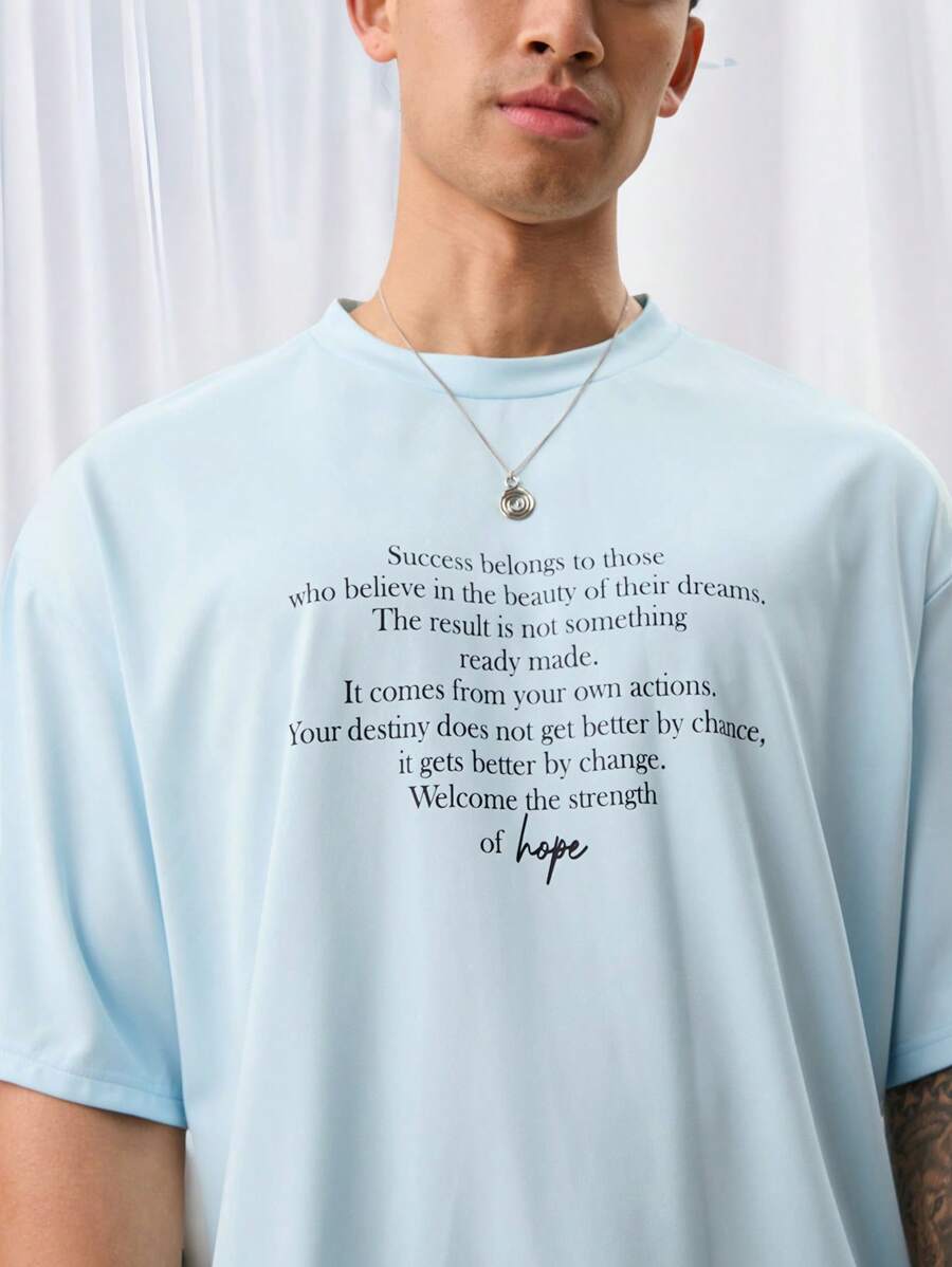 Manfinity INSISELF Unisex Casual Knit Letter Printed Loose Drop Shoulder Crew Neck Short Sleeve T-Shirt, Suitable For Daily Wear