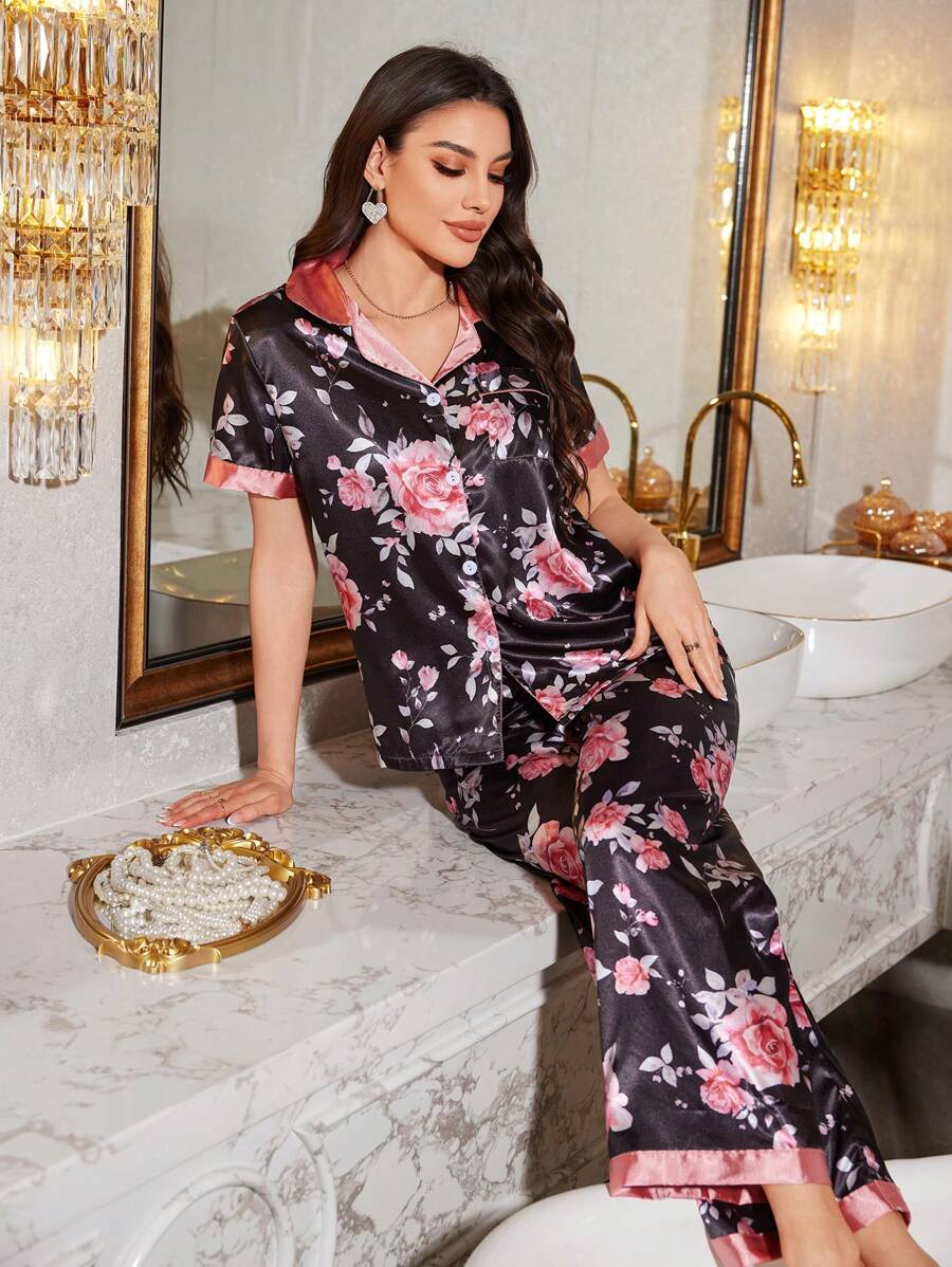LuxeNights Damen 2-teiliges Pyjama Set mit Farbblockprint, Blumenmuster, Fake-Seide-Kragen und Kurzarmhemd sowie langer Hose