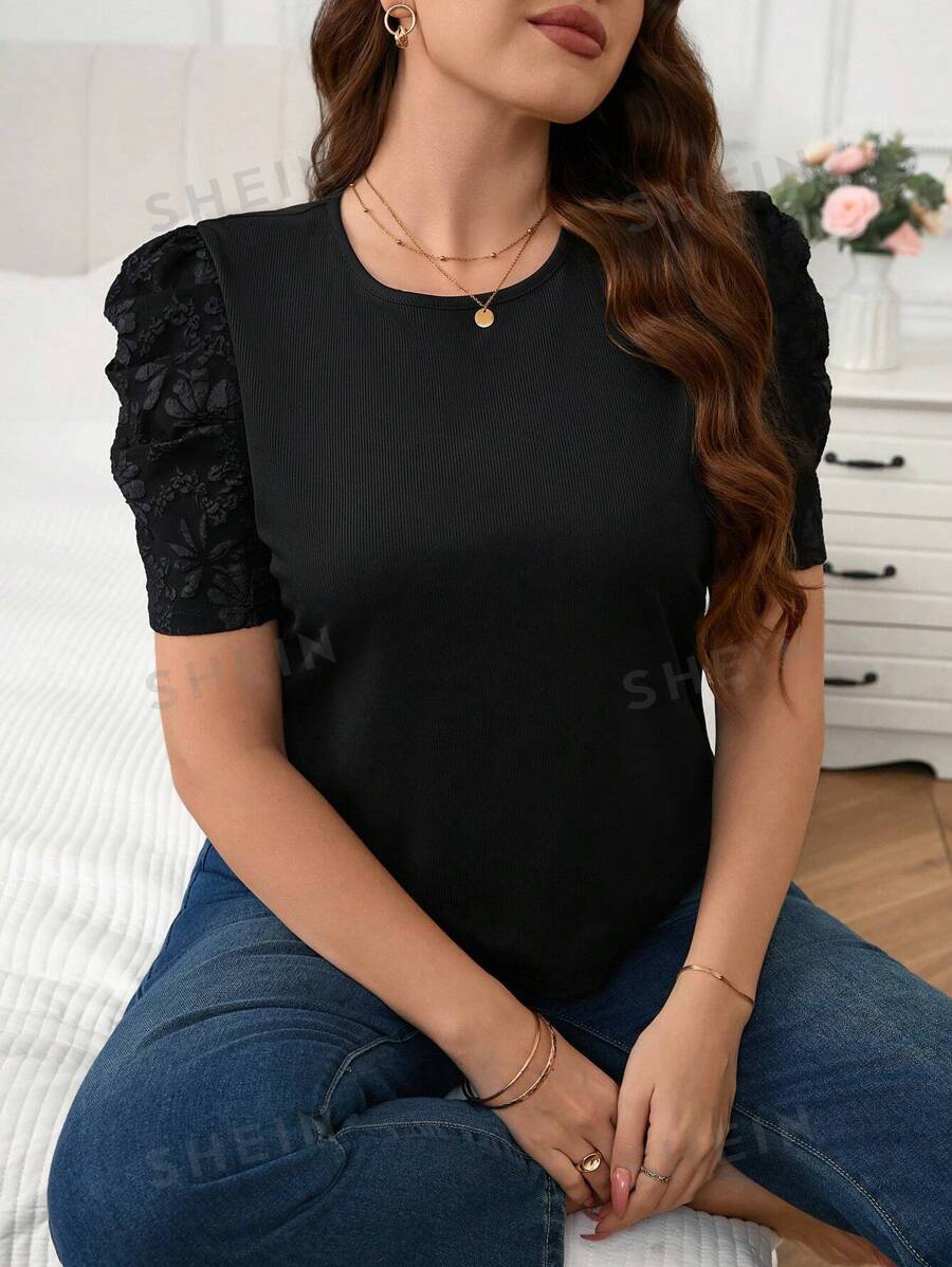 SHEIN Frenchy Camiseta ajustada de manga gigot de cuello redondo elegante y casual de talla grande