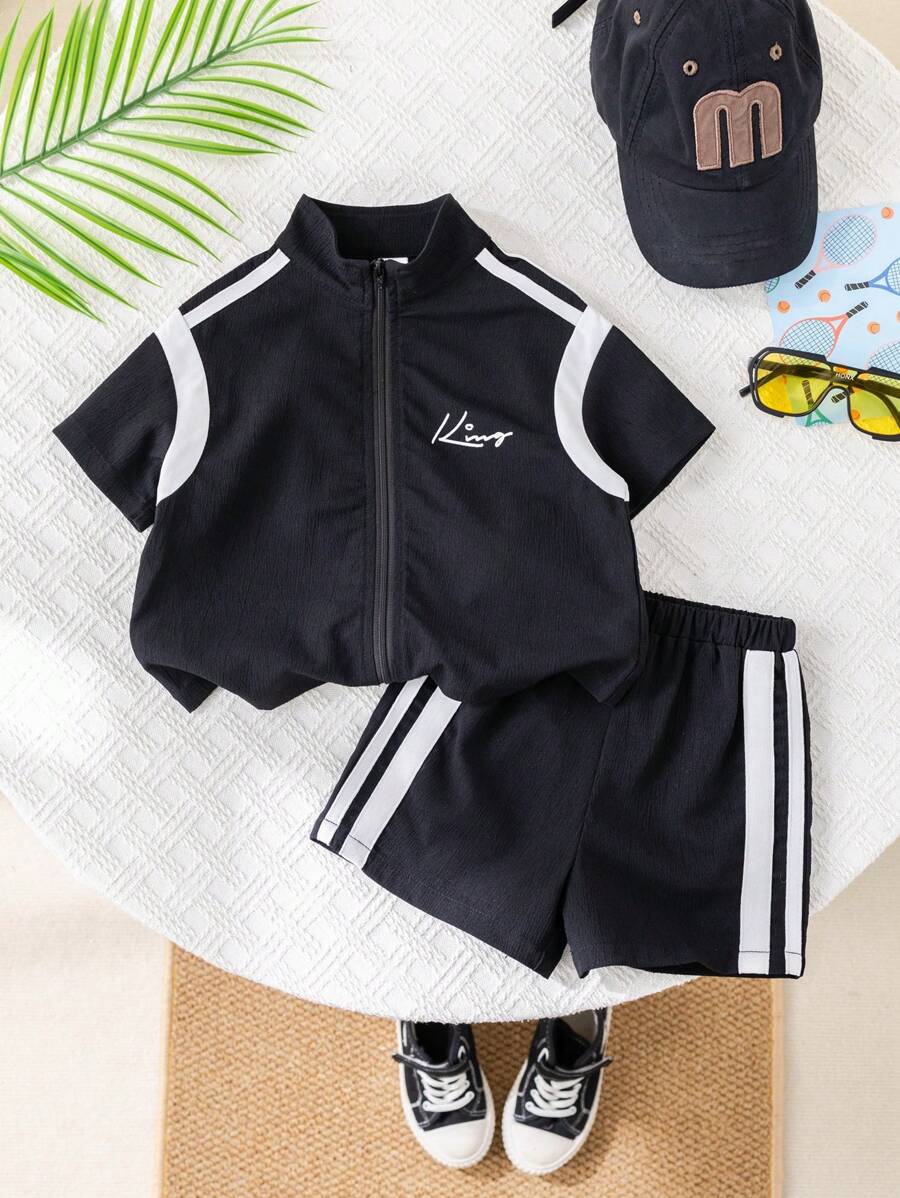 SHEIN Babyboy/Babygirl Colorblock Casual Sports Short Sleeve Jacket With Elastic Waist Colorblock Shorts Set, Summer