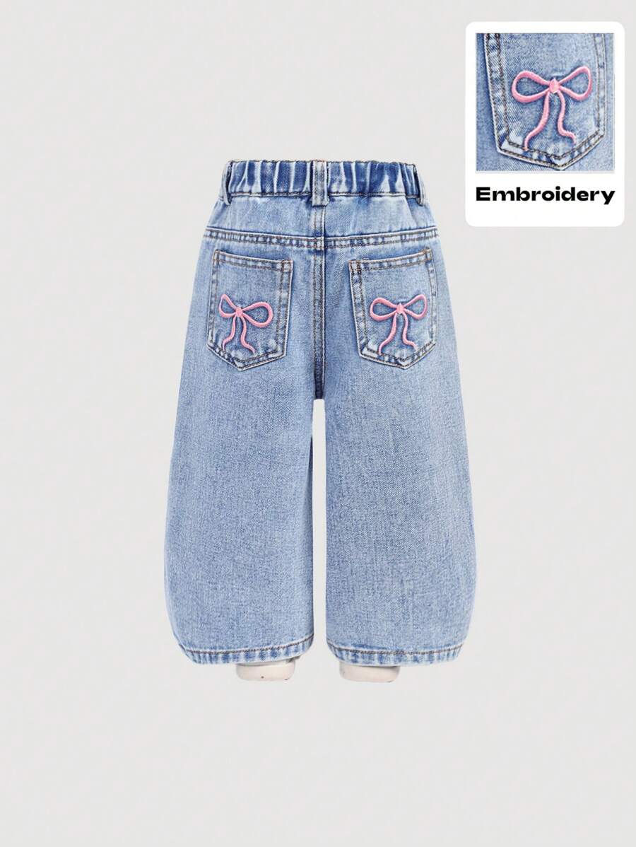 SHEIN Denim Solto com Perna Larga para Meninas, com Decoração Bordada de Laço Fofo, Rosa, Roupas Casuais de Férias de Primavera e Verão para Meninas