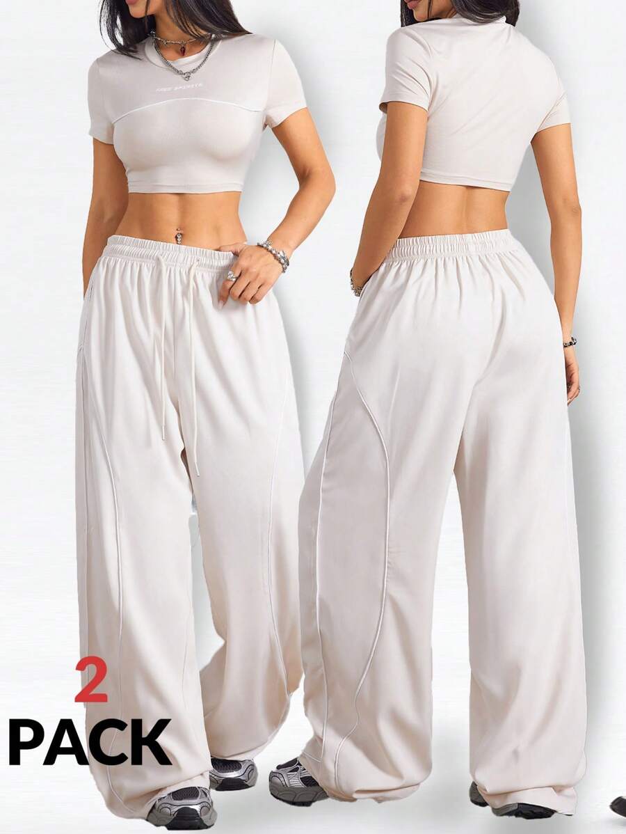 Coolane Set de 2 piezas Camiseta casual de verano y pantalón de pierna ancha para mujer