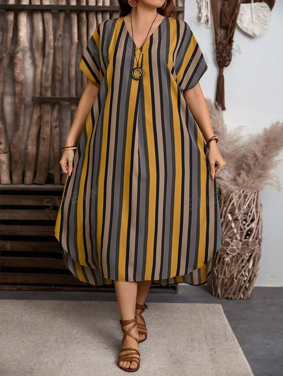 EMERY ROSE Vestido casual recto holgado con cuello en V, mangas de murciélago y rayas para mujer talla grande