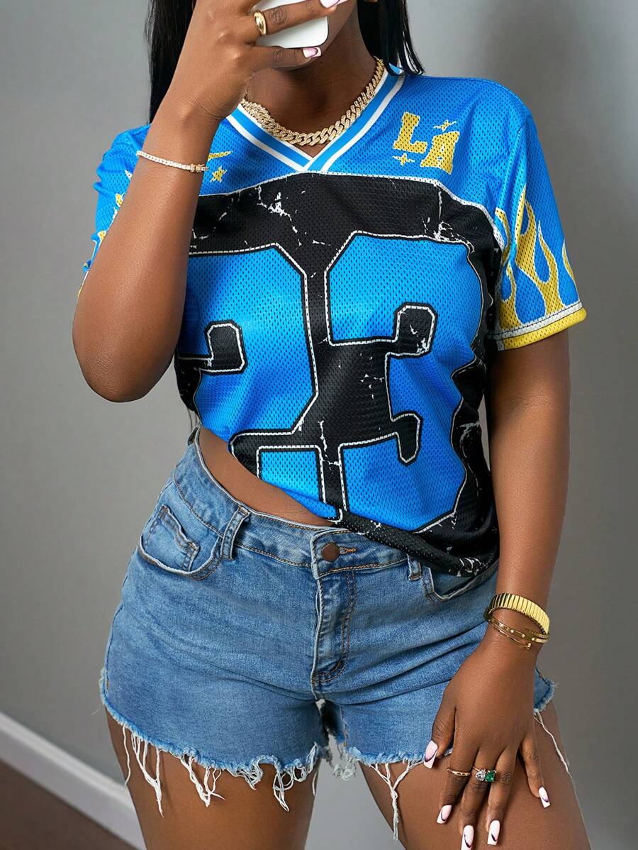 Slaydiva New Spring And Summer Casual Street Sports Style V-Neck Loose Raglan Sleeves 23 Slogans Logo Blue Splicing Smudged Tattered Black Yellow Flame All-Over Printed Women's T-Shirt-A