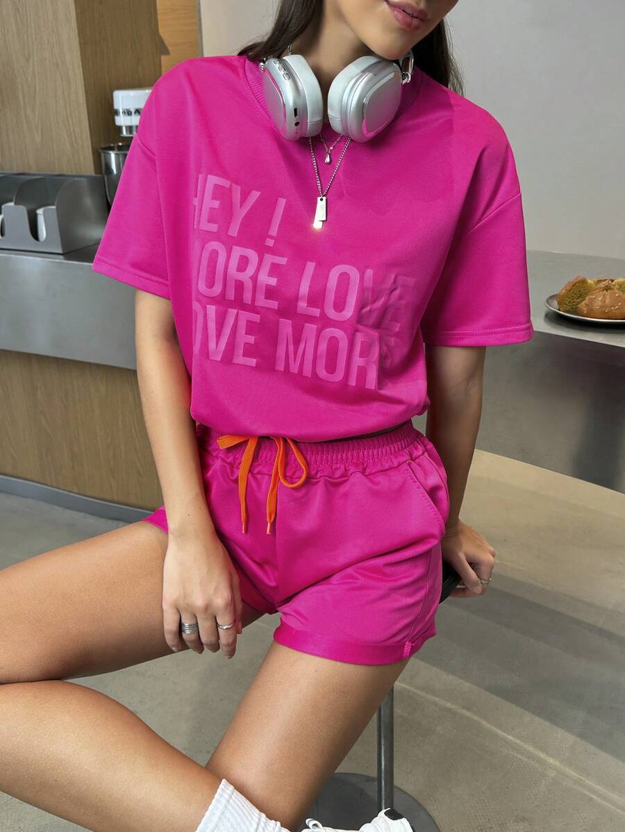 INAWLY Women's Casual Slogan Printed Short Sleeve T-Shirt And Shorts Set, Summer