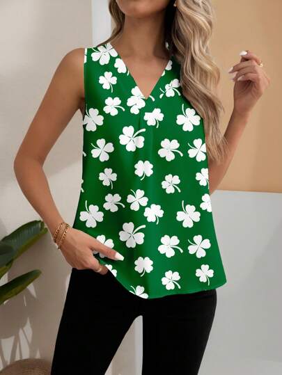 Warp Atelie Artist St.Patrick's Day Four Leaf Clover Print Summer Vacation Vintage Women's Sleeveless Blouse, Ladies Elegant Commuter Green Hat Festival Beer Festival Tops, Ibiza Fits, Western Wear