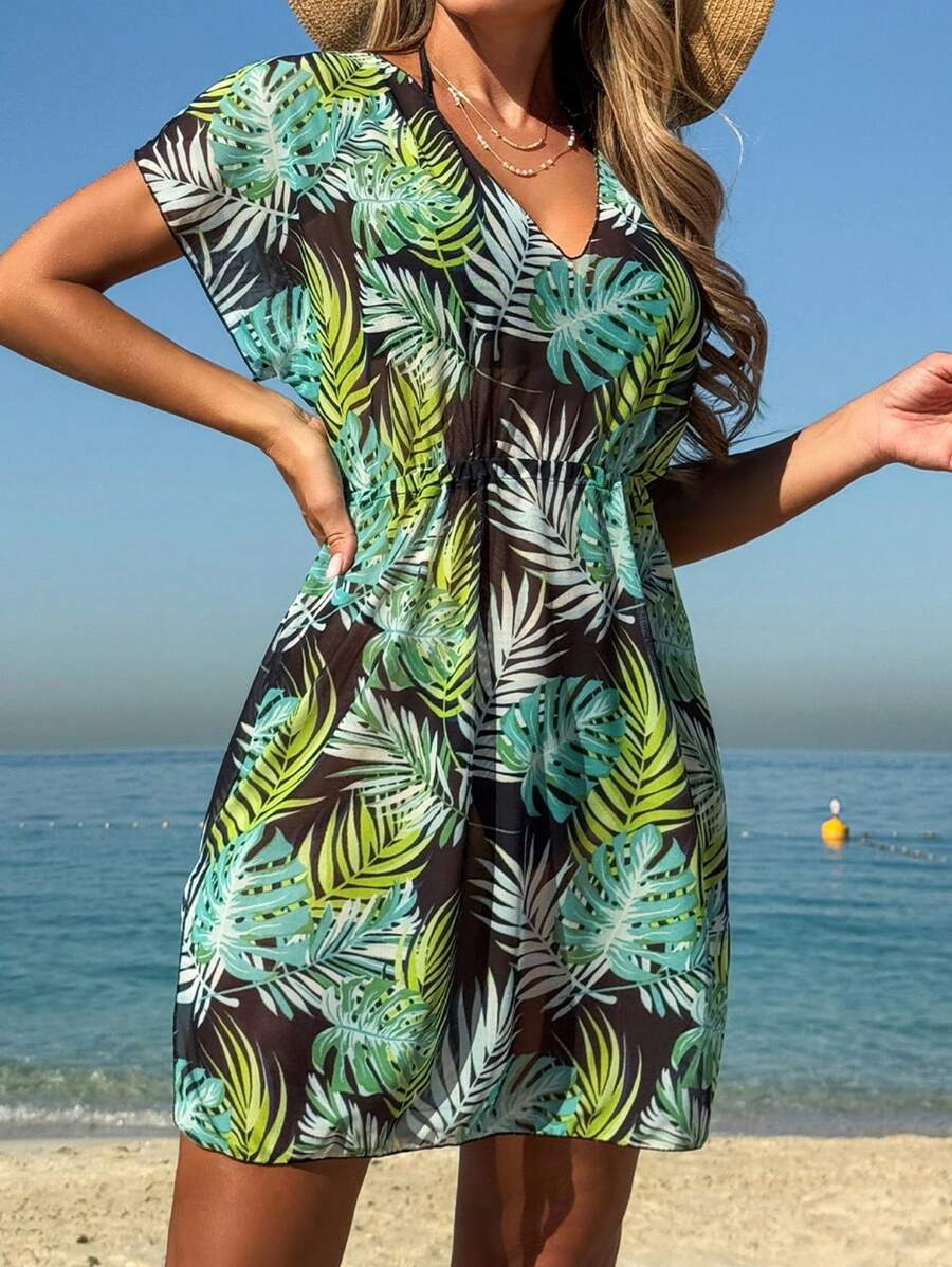 Swim Lushoire Women's Tropical Plant Print Casual Cover Up Dress, For Summer Beach Vacation