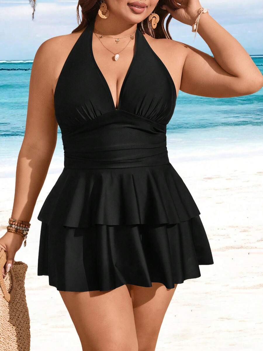 Swim Lushoire Vestido de baño y Bottom con volantes de varios niveles en unicolor, estilo halter fruncido, para tallas grandes, para vacaciones de verano en la playa