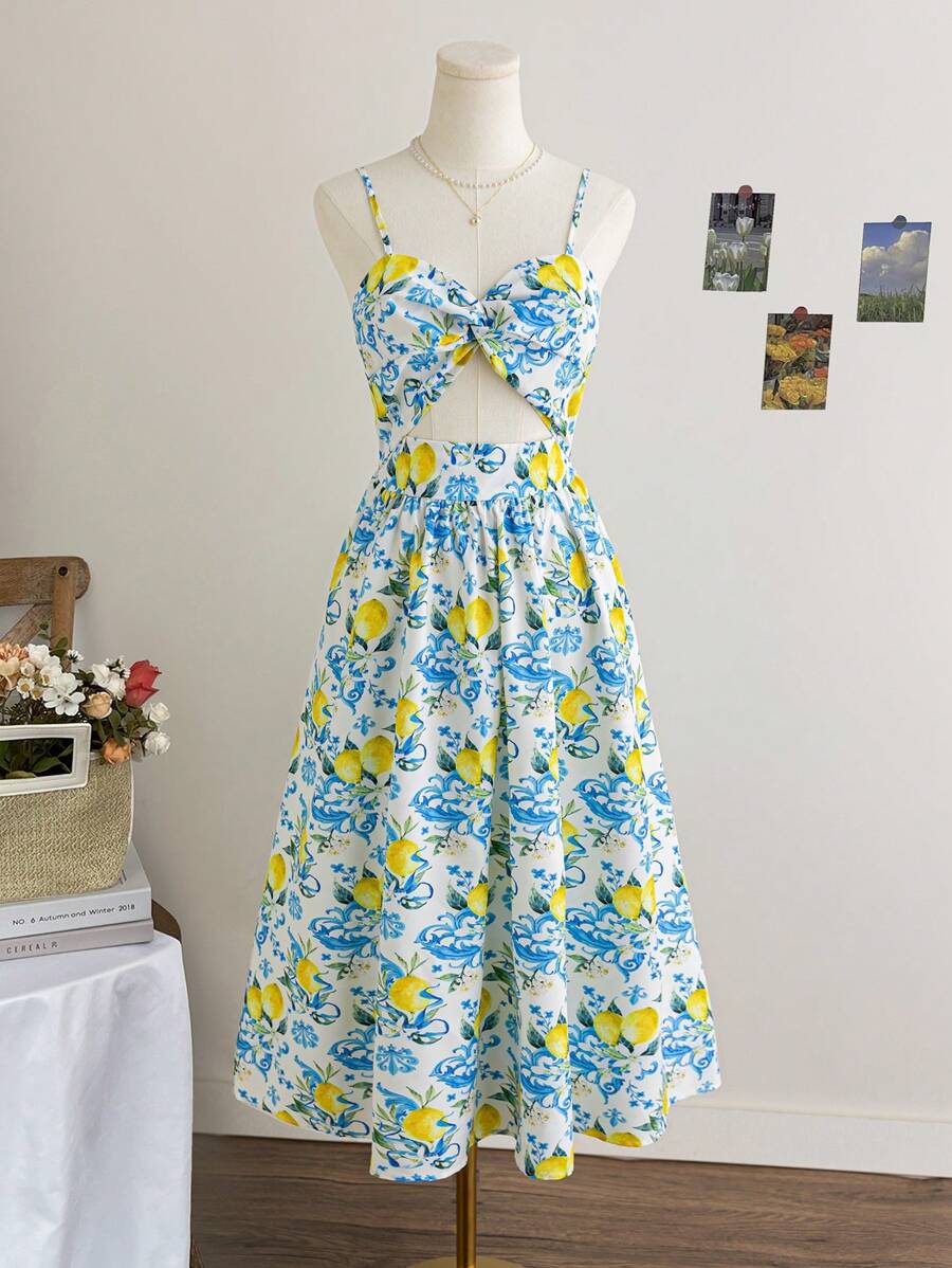 Soleia WYWH Women's Vacation V-Neck Tie Waist A-Line Spring/Summer Midi Dress, Tropical Print Spaghetti Strap Dress