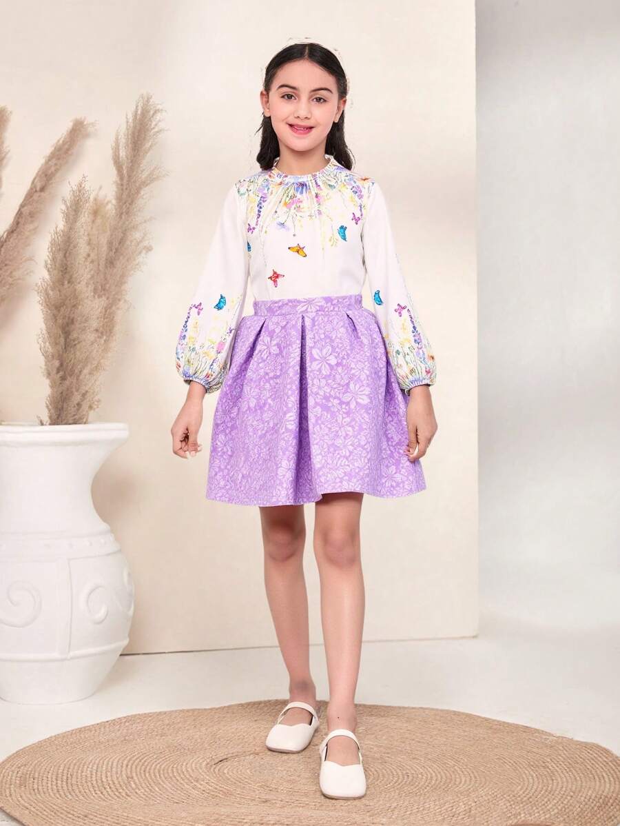 SHEIN Tween Girls Fashionable Jacquard Puff Sleeve Top Paired With Jacquard Mini Skirt, Suitable For Spring/Summer Casual, Party, Gathering To Showcase Tween Girl's Innocent, Stylish And Elegant Elegant