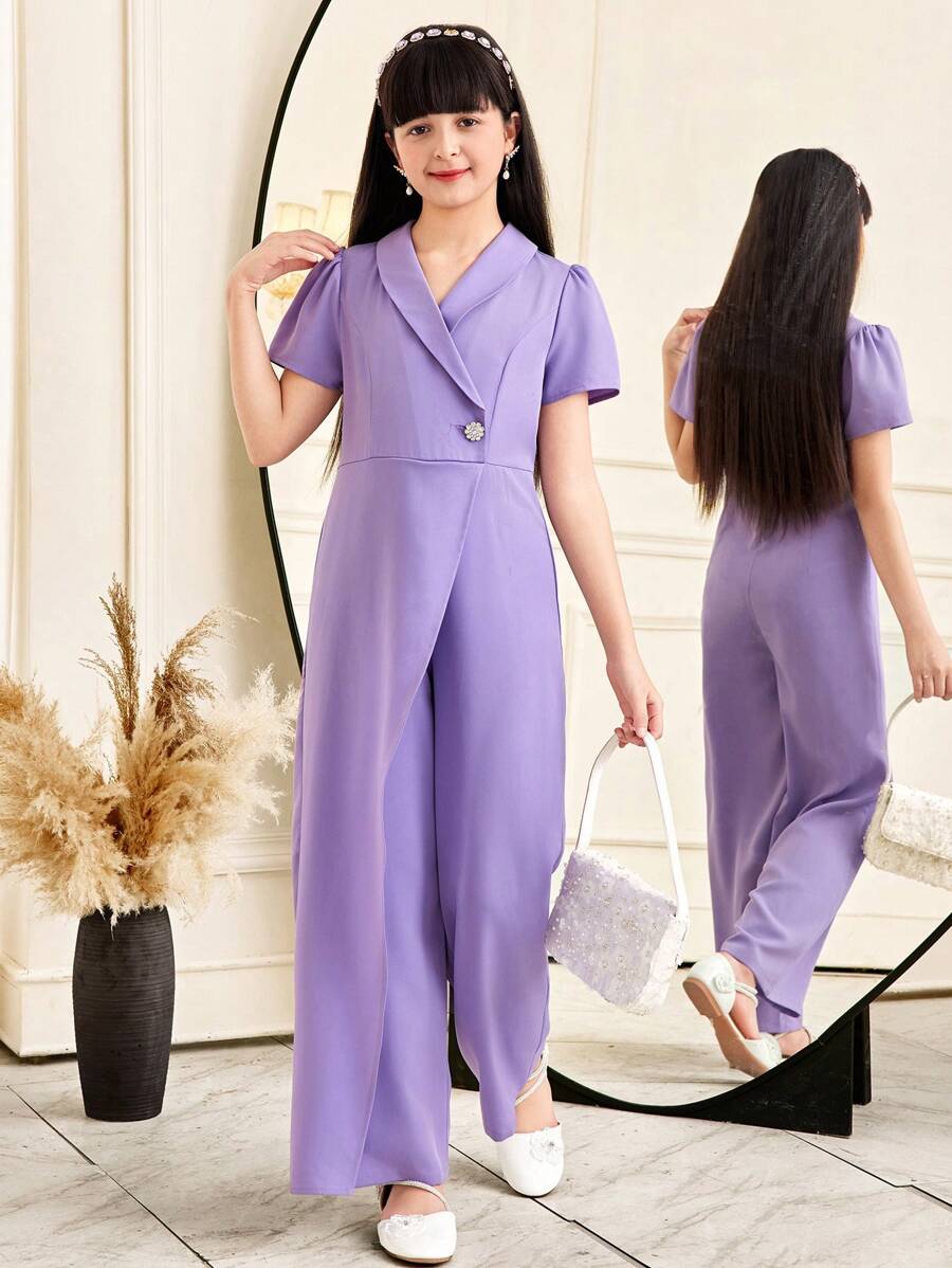 SHEIN Tween Girls Casual Elegant Collared Asymmetric Ruffled Jumpsuit