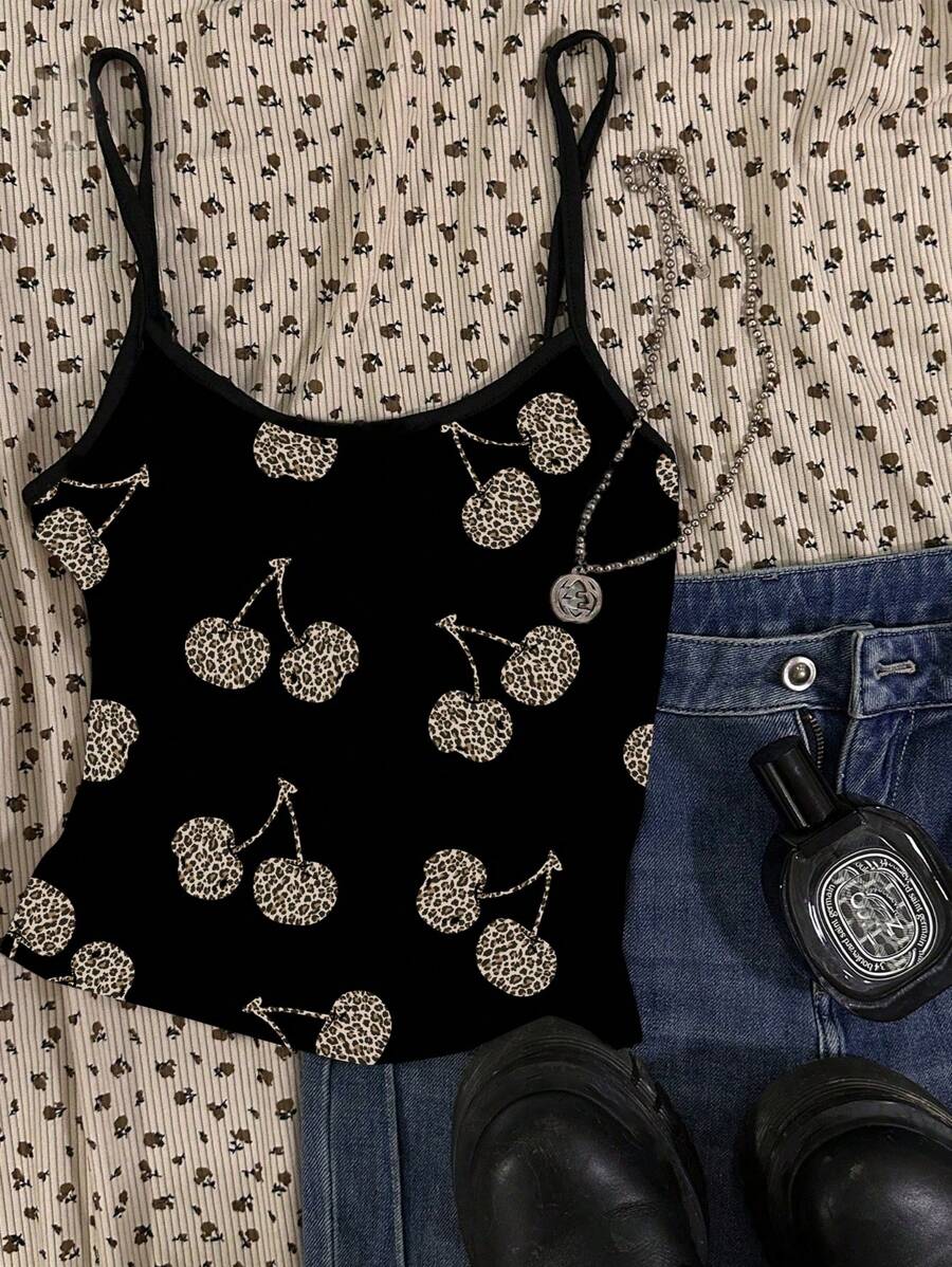 SHEIN EZwear Damskie swobodne, grunge'owe, retro, wzór w panterkę i wiśnie, seksowne rajstopy z szelkami, śliczny top z ramiączkami, odpowiedni na lato