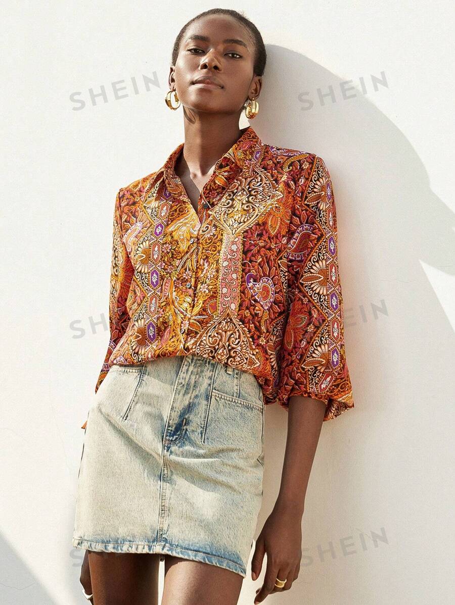 Aveloria Modichic Blusa de mujer de estilo bohemio nómada con estampado, cuello vuelto y manga larga