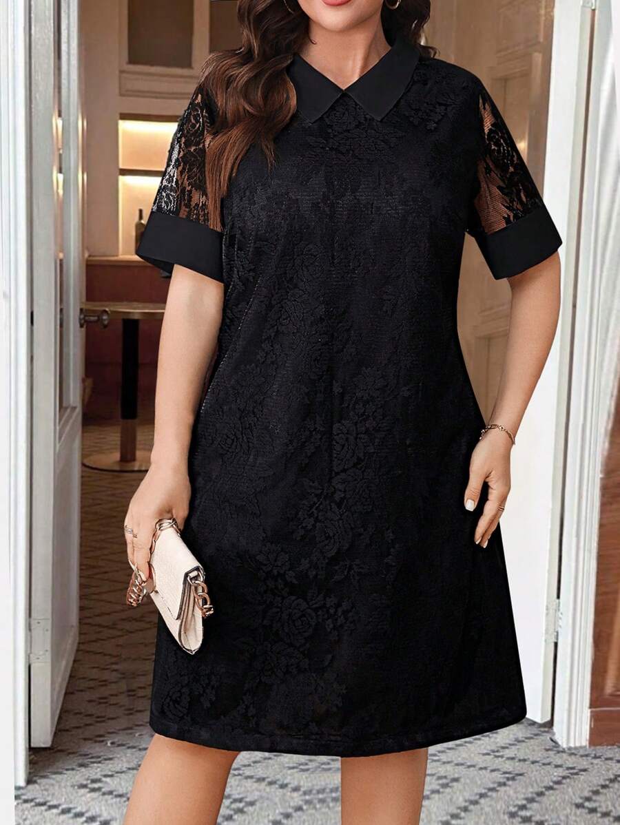 SHEIN Clasi Women's Peter Pan Collar Splicing Lace Sleeve Heterogeneous Fabric Contrasting Design Straight Fit Casual Slim Fit Short Sleeve Dress