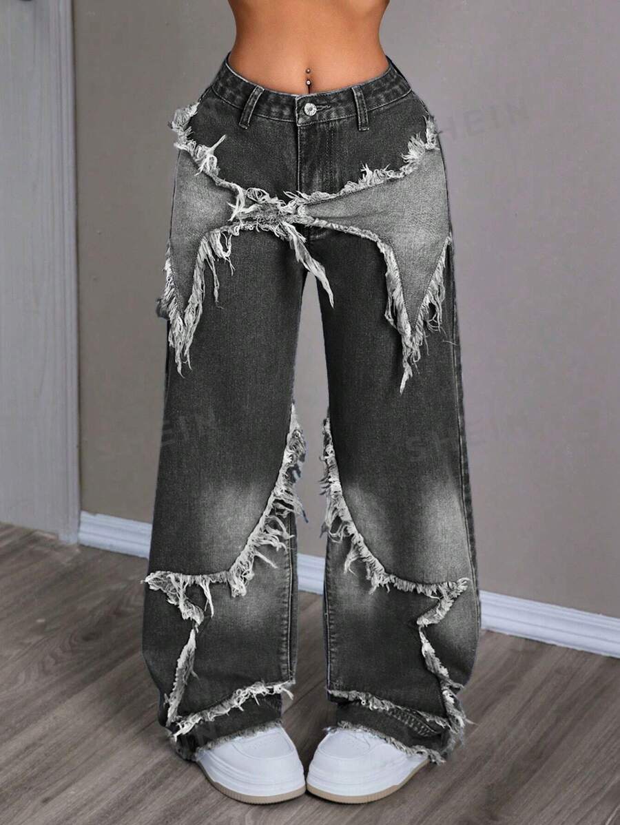 SHEIN EZwear Pantalones vaqueros de pierna ancha y holgados para mujer con flecos y remiendos