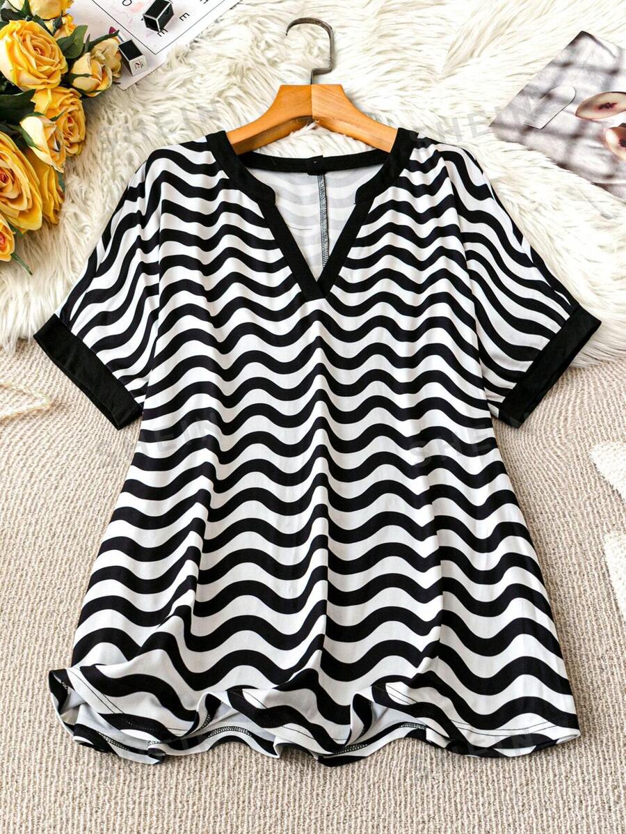 SHEIN LUNE Blusa de manga corta de hombros caídos y cuello de corazón a rayas, cómoda y casual, adecuada para el uso diario