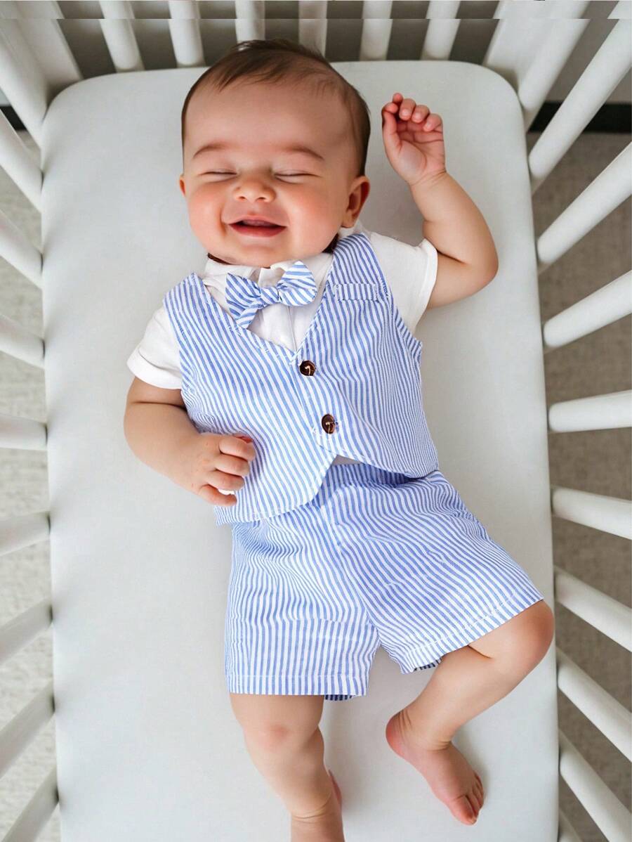 3-Piece Newborn Baby Boy/Girl Casual Academic Gentleman Style Short Sleeve Romper + Striped Vest + Elastic Waist Shorts Set, Suitable For Spring/Summer Wear, Home, Outings, Birthdays, Christenings, 1st Birthday Parties, Galas, Performances, Weddings