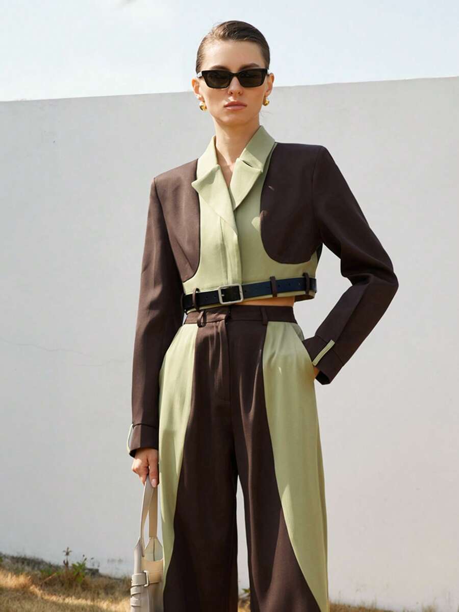 Aveloria Modichic 2pcs Women's Fashion Young Rebel Contrast Color Utility Cropped Jacket & Pants Suit Set