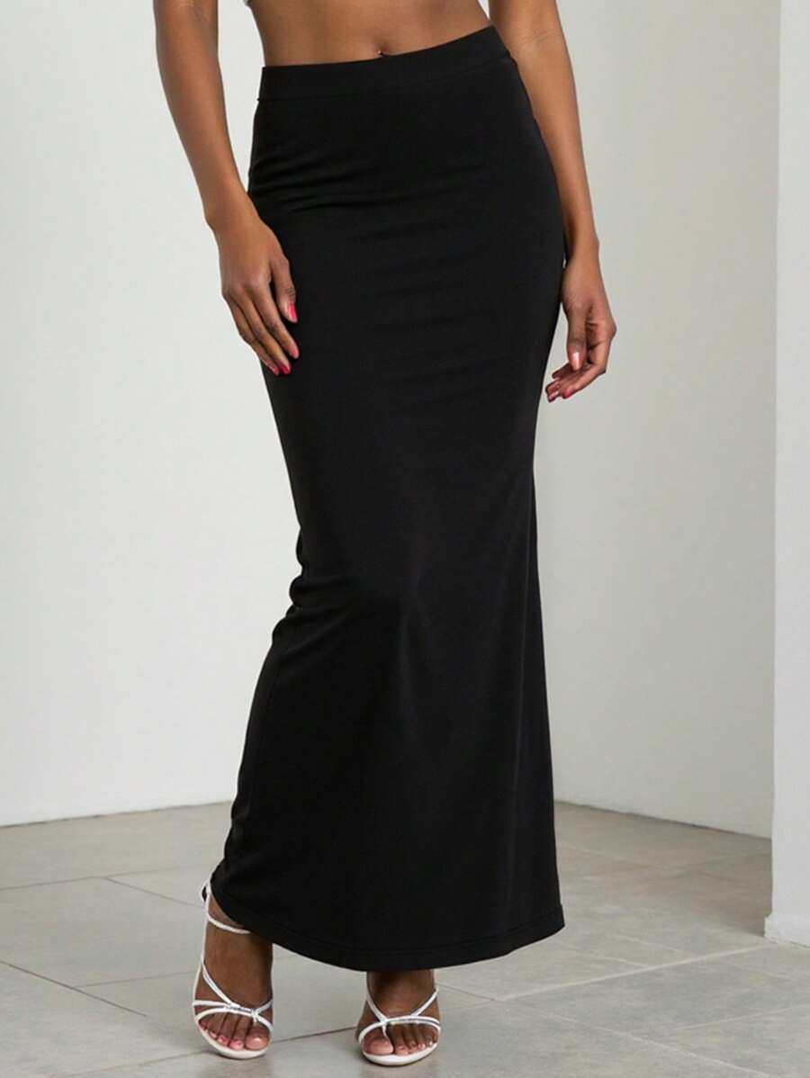 SHEIN Teen Girl Black Casual,Solid Color Casual Knitted High Waist Skirt