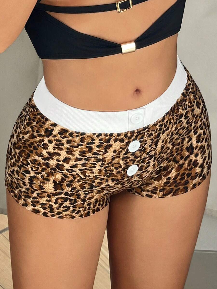 Sweetina Women Leopard Print Contrast Color Casual Shorts, Simple & Fashionable For Everyday Wear