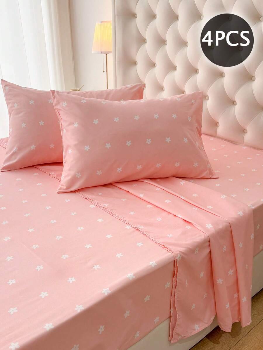 4 Stück 100% Polyester Blumen Bettwäsche Set (2 Kissenbezüge + 1 Flachbettlaken + 1 Spannbettlaken), modernes Polyester Bettwäsche Set für alle Jahreszeiten