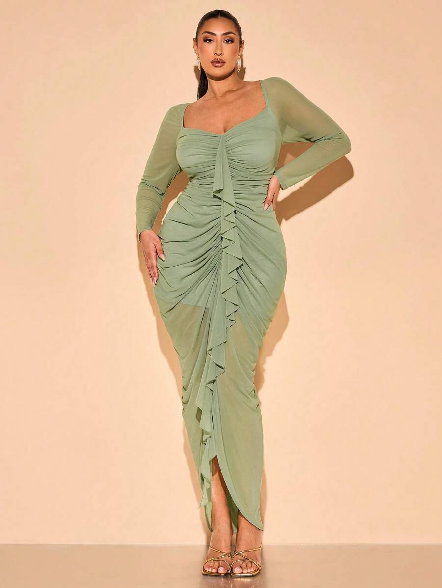 SHEIN BAE Vêtements printemps été grande taille Robe crayon élégante à manches longues avec épaulettes volanté en couleur unie pour femmes. Robe longue en maille rouge à volants plissés. Idéale pour le quotidien, les sorties romantiques et les vacances