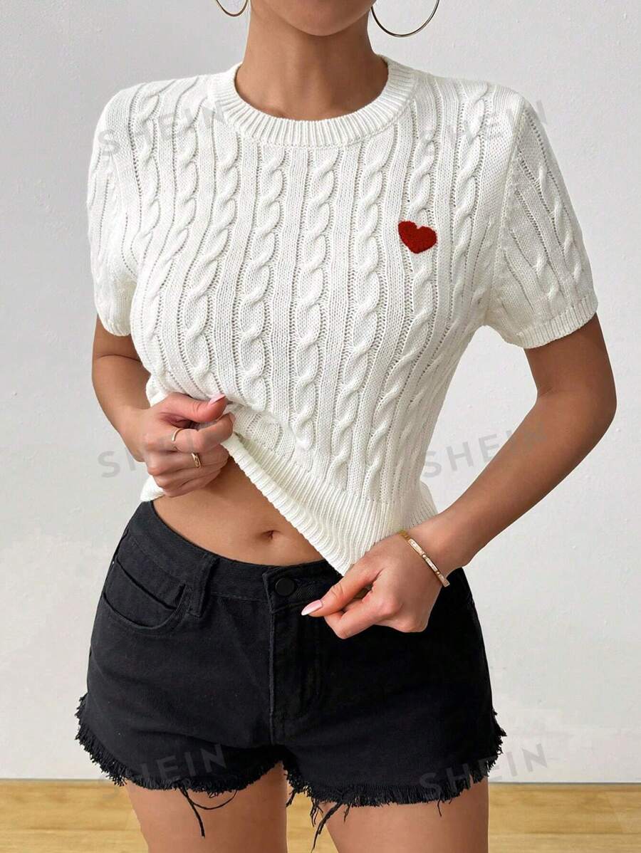 Chiquease Top cómoda, linda y dulce con bordado de corazón blanco a juego