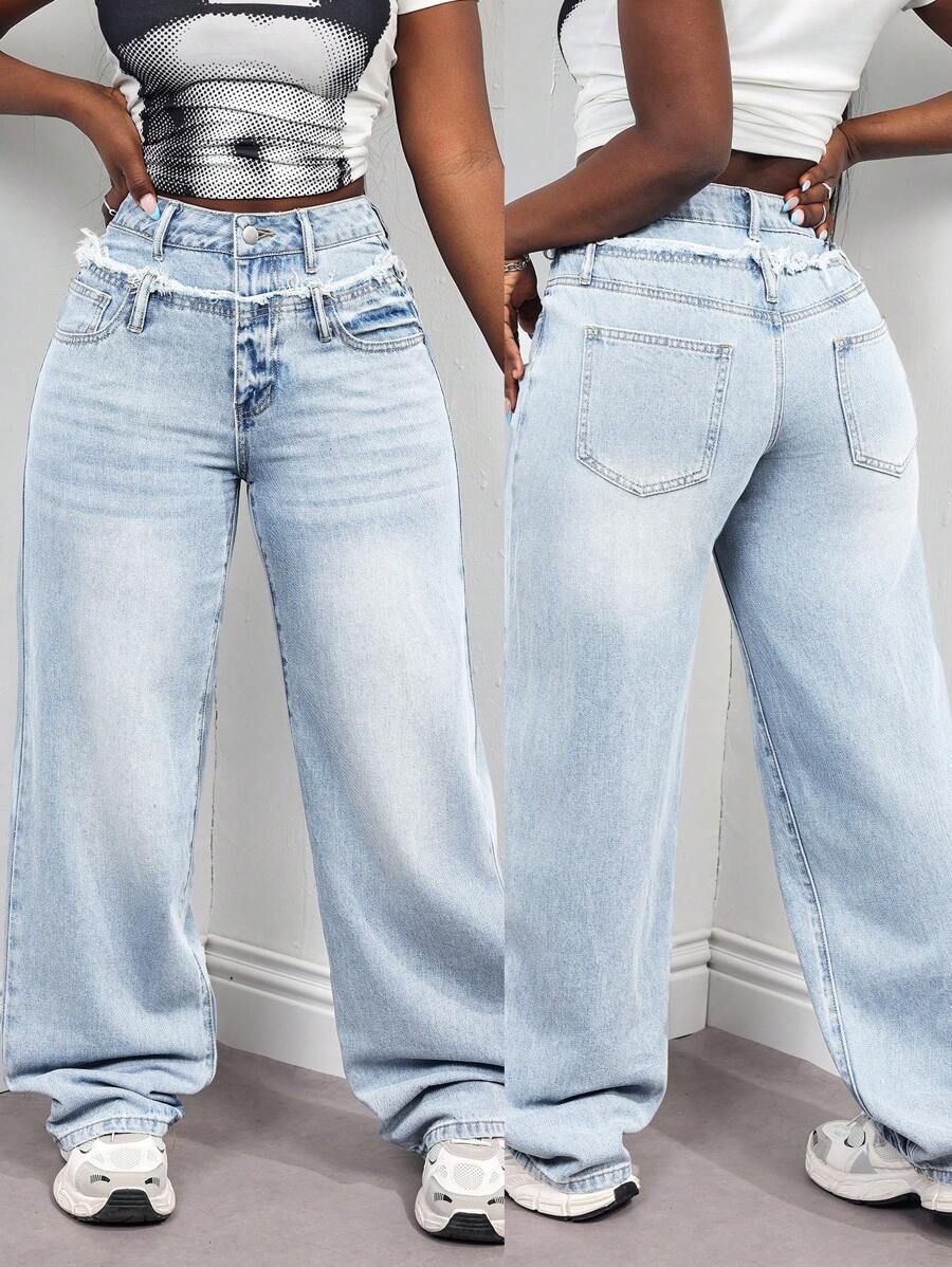 SHEIN Slayr Women's Front Button Pocket Frayed Edge Casual Denim Jeans