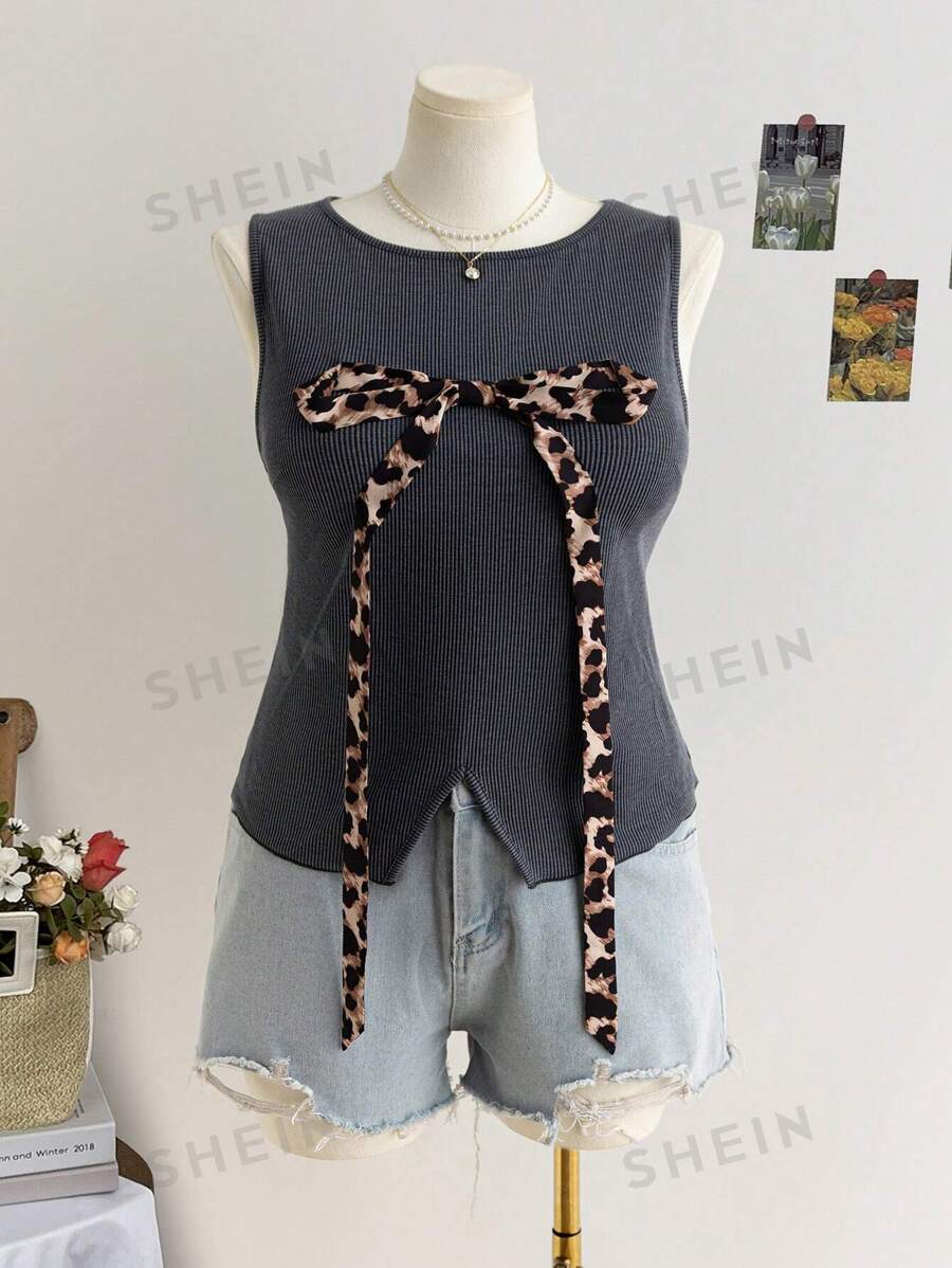 SHEIN WYWH Camiseta sin mangas gris para mujer talla grande con bajo con abertura, decorada con lazo de estampado leopardo