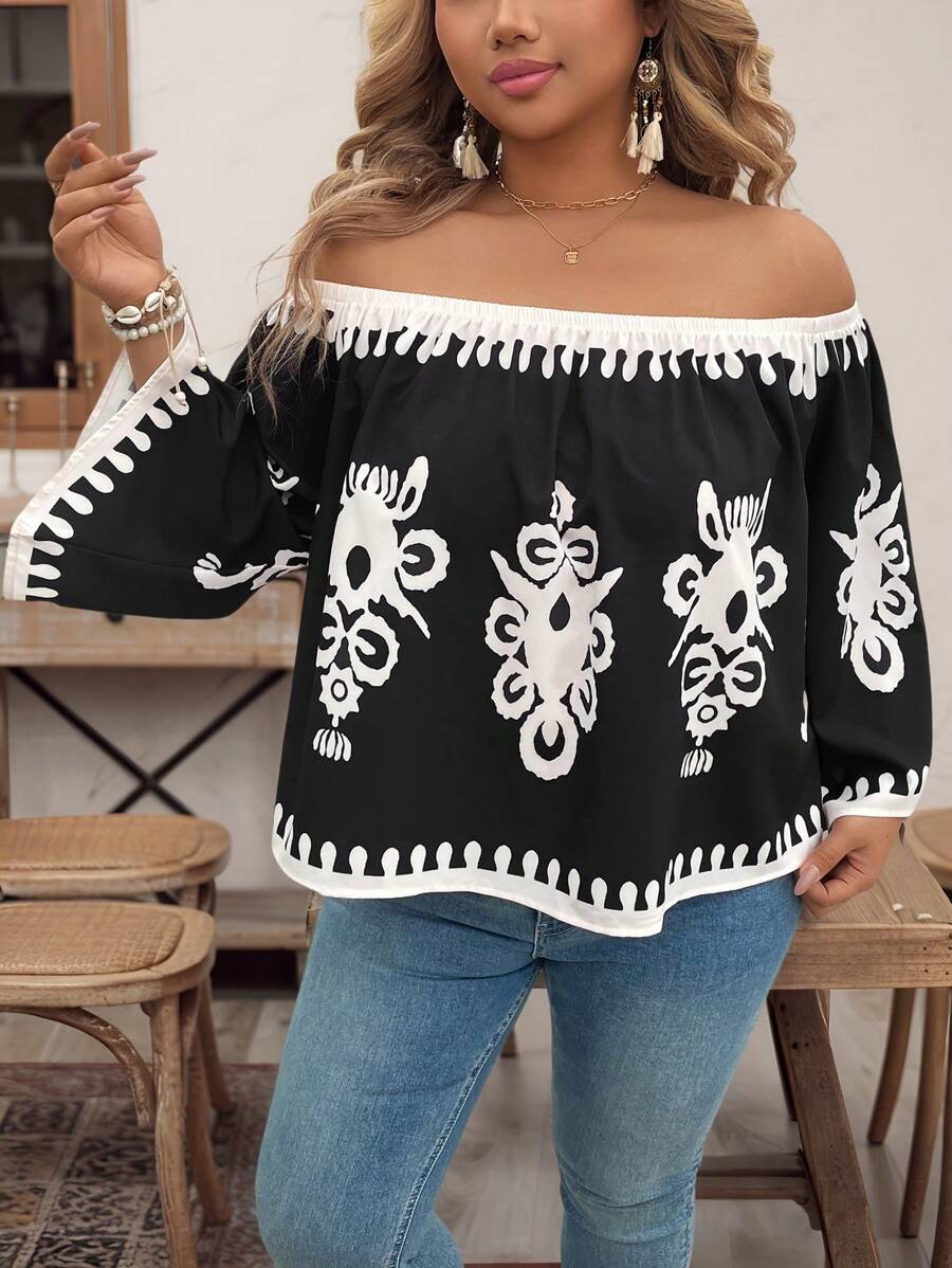 SHEIN LUNE Contrast Color Print Off-Shoulder Flared Sleeve Plus Size Blouse Summer Going Out Spring Outfits For Women Summer Boho Old Money Summer Outfits For Women St Patrick Day Outfit Easter Summer Outfits Spring Outfits For Women Beach Saint Patrick Easter Lounge Sets For Women Summer Vacation Outfits Woman Easter Rave Outfits Festival Boho Women Clothing Country Outfits Women Country Concert Outfit