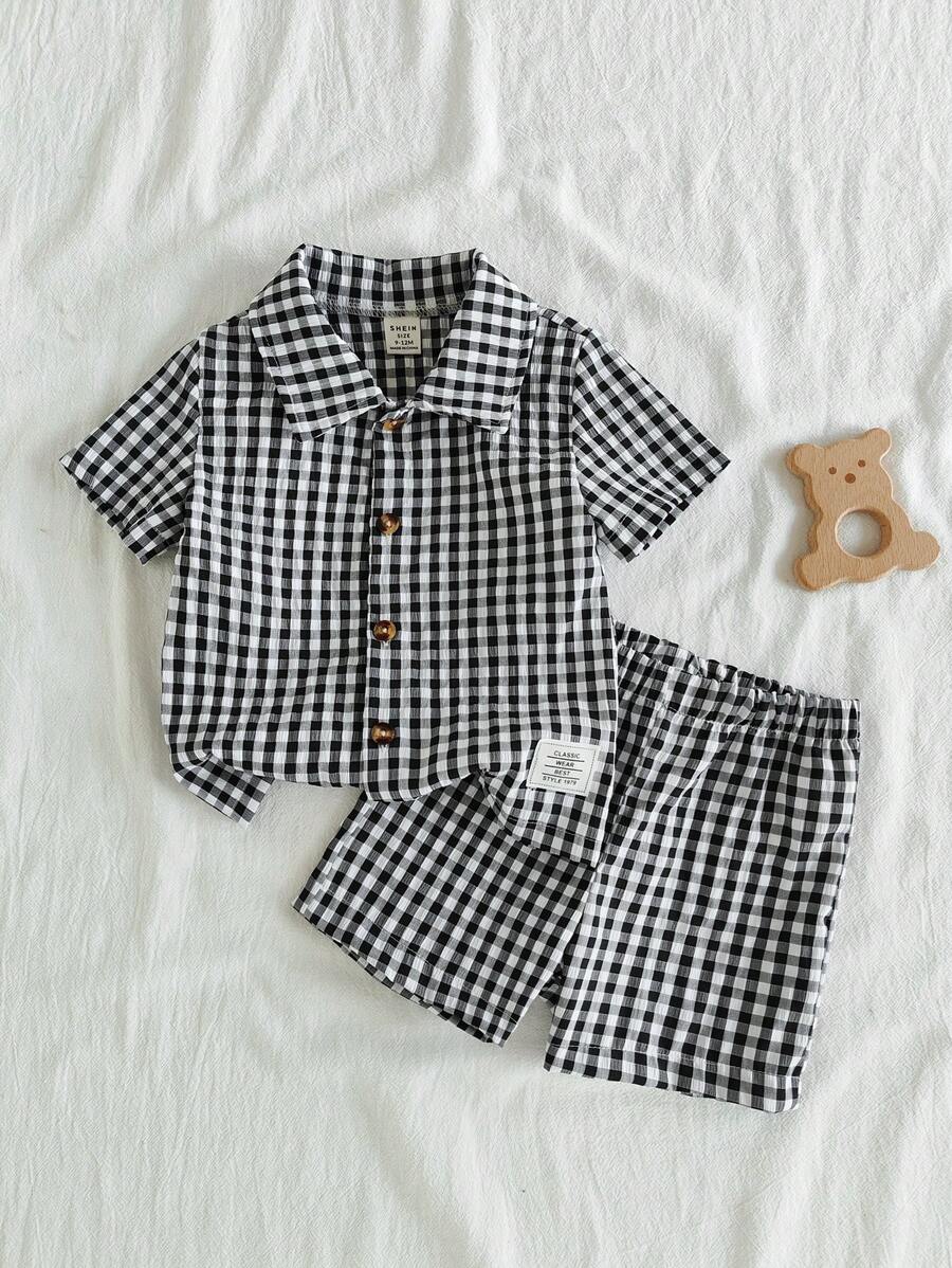 Vintaside Kids Baby Boy Holiday Outfits Christmas Casual Outfits Summer Two-Color Black And White Checkered Short-Sleeved Shirt Shorts Two Suits, Lapel Design Adds A Sense Of Formality
