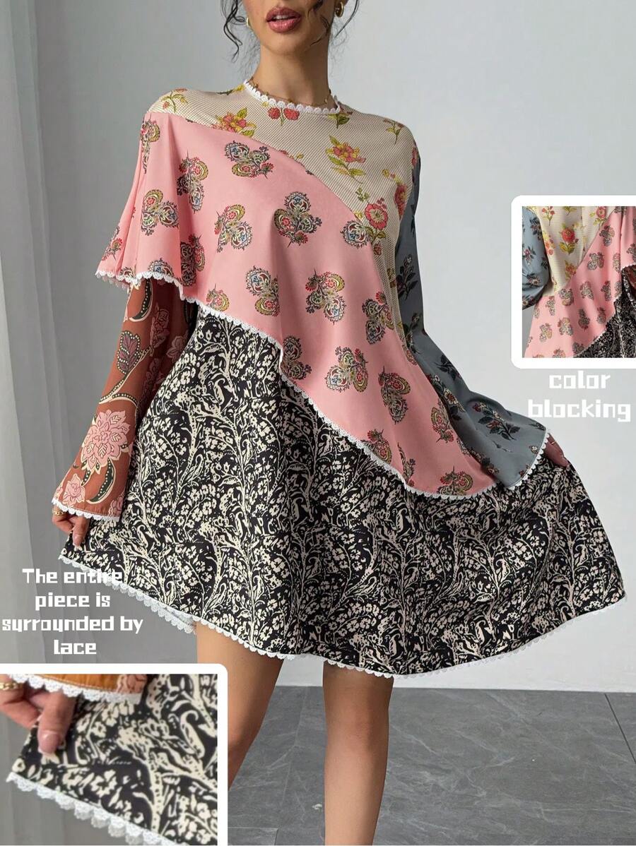 Chiquease Women's Contrast Color Block Printed Bell Sleeve Short Dress
