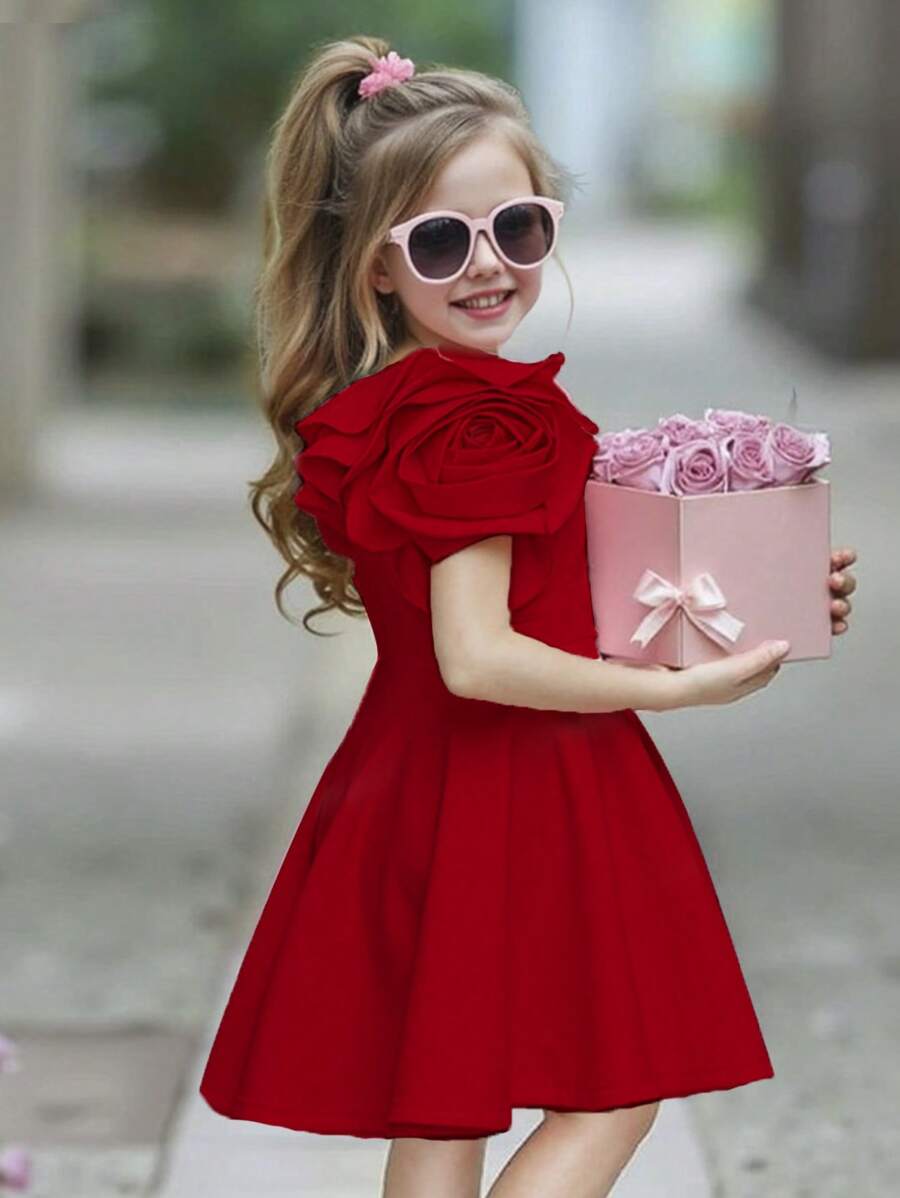 SHEIN Vestito asimmetrico da ragazza pre-adolescente con decorazione a petali di rosa 3D, senza maniche, a spalle scoperte, in colore tinta unita a-line, colore borgogna, stile Ramadan per vacanze in famiglia, vintage, carino, elegante e alla moda, da festa, principessa meravigliosa, abbinabile a mamma e figlia o sorelle, primavera/estate