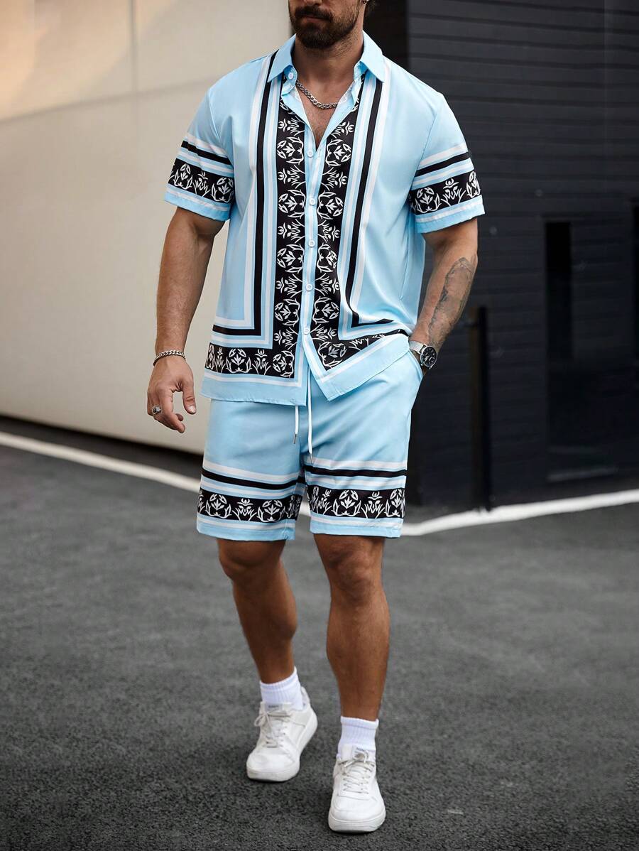 Manfinity Homme Plus Size Heren Korte Mouw Shirt En Shorts Set, Effen Kleur Met Knoopsluiting