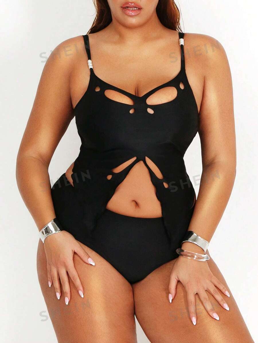 SHEIN Swim SXY Conjunto de tankini de talla grande con top tipo camiseta con abertura y braguitas, para el verano y la playa