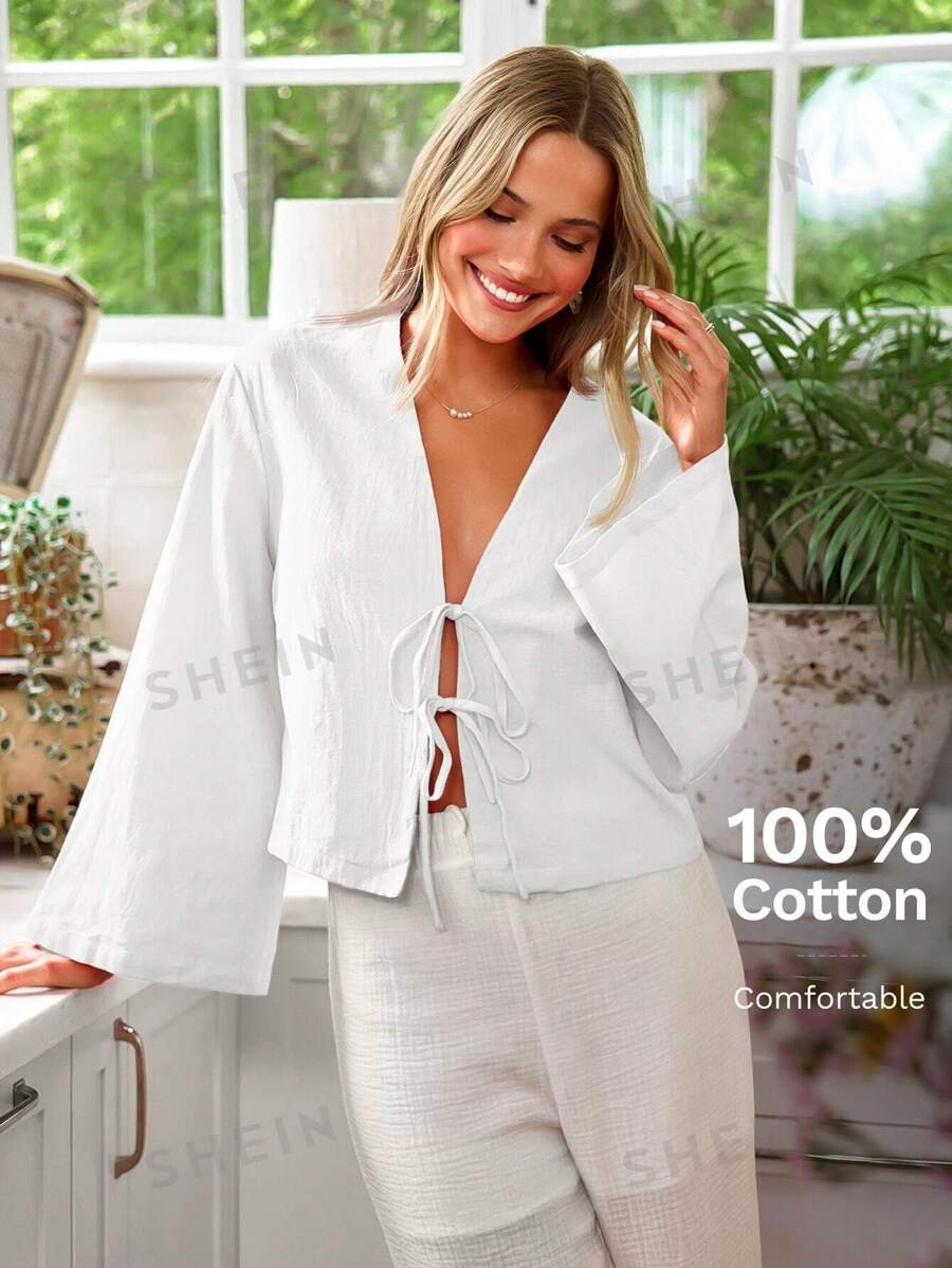 SHEIN VCAY Camisa suelta regular de mujer de tejido unicolor en color liso con mangas acampanadas, perfecta para vacaciones