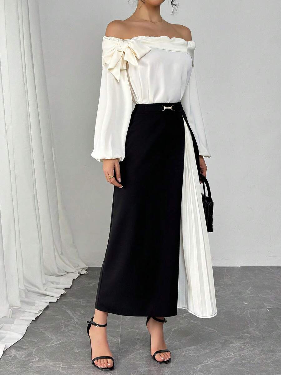 Modelyn Women's Elegant Off Shoulder Pleated Skirt 2 Pieces Set, Suitable For Work, Party And Daily Wear